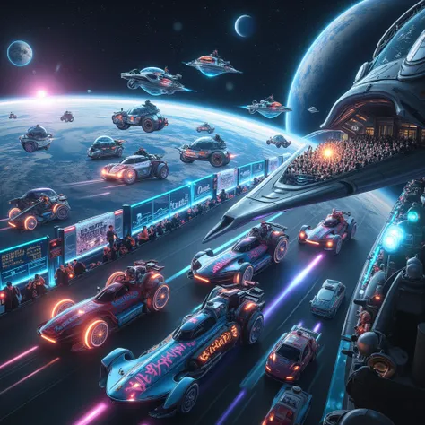 score_9,score_8_upside,score_7_upside,score_6_upside,score_5_upside,score_4_upside,Source_Actual photo,A dramatic depiction of a UFO race taking place in outer space with the Earth visible at a short distance. UFO racing machines decorated with holographic...