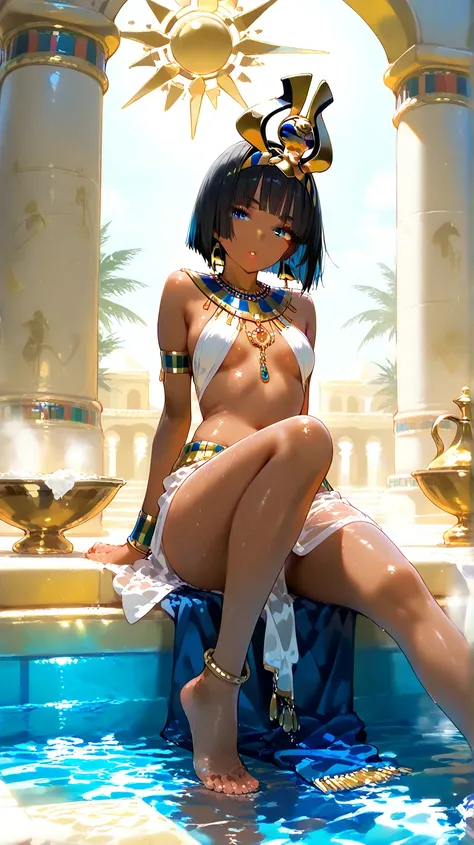 Egypt, Egyptian palace, sun, luz sunar, 1female, \( short hair , Bowl cut, black hair, brown skin, small breasts, black eyeshadow , blue eyes, lips painted black , barefoot, Egyptian crown, bracelets , necklaces\), relaxed, Sitting on the edge of a pool.