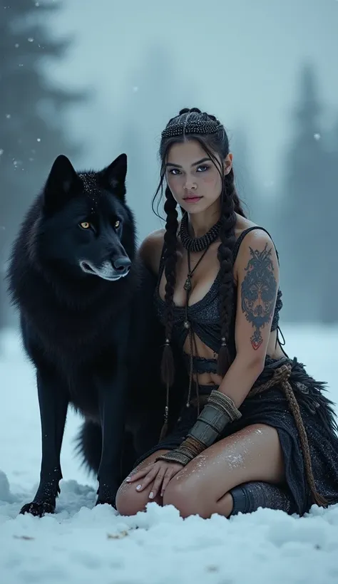 ImageA beautiful warrior woman with tattoos and braids, kneeling in the snow next to her giant black wolf companion at dusk, photographed with a Canon EOS R5 at f/2 and ISO 3000. --ar 9:16 --v 6.1