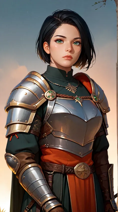  woman, green-eyed,  short black hair, wearing a warrior shoulder pad 