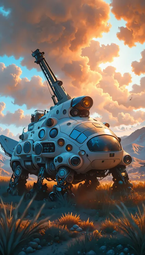 an astronaut, alien trees, (science-fiction astronaut :1.3) with a (lunar vehicle :1.4), (hostile planet ),(mountains:1.2) (Tall grass:1.4), rocks, fluffy clouds in the sky, highly detailed , Fine details, intricate,(bloom:0.8), great depth of field , a...