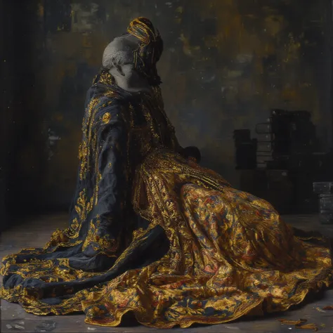 hollow figure with no face head down, layed down on the floor seen from toe to head angle on 3/4 on curved body position, on long robe spread full of golden ornaments, future baroque, futuristic Renaissance, royal alien, fashion art, dark colors, black and...