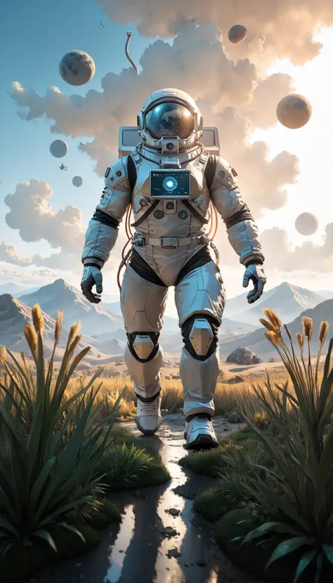 an astronaut, alien trees, (science-fiction astronaut  :1.3) with a (lunar vehicle :1.4), (hostile planet ),(mountains:1.2) (Tall grass:1.4), rocks, fluffy clouds in the sky,  highly detailed , Fine details, intricate,(bloom:0.8),  great depth of field , a...