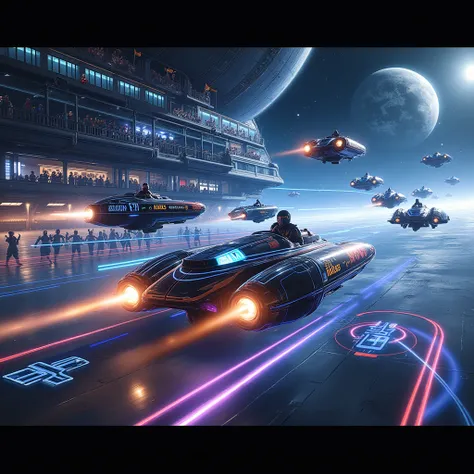 score_9,score_8_upside,score_7_upside,score_6_upside,score_5_upside,score_4_upside,Source_Actual photo,A dramatic depiction of a UFO race taking place in outer space with the Earth visible at a short distance. UFO racing machines decorated with holographic...