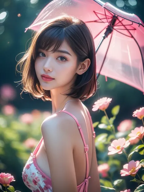 nipple, ((Sexy Deep Pink Lingerie))、((( Masterpiece,  top quality)),  1 woman with an umbrella, (Reality: 1.4), alone,  pink background  ,  dark brown hair , ((blunt bangs))、Princess_cut、short hair,Smile、 ((whole body)),  Very pretty woman 、 Skinny women、(...