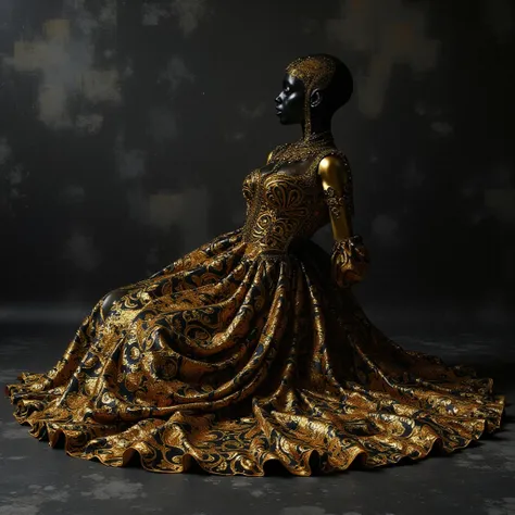 hollow figure with no face head down, layed down on the floor seen from toe to head angle on 3/4 on curved body position, on long robe spread full of golden ornaments, future baroque, futuristic Renaissance, royal alien, fashion art, dark colors, black and...