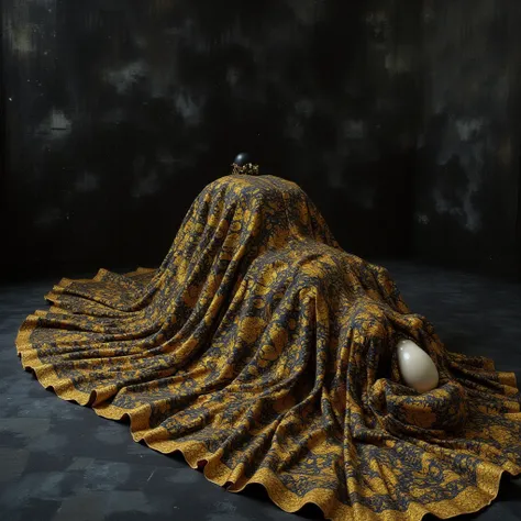 hollow figure with no face head down, layed down on the floor seen from toe to head angle on 3/4 on curved body position, on long robe spread full of golden ornaments, future baroque, futuristic Renaissance, royal alien, fashion art, dark colors, black and...