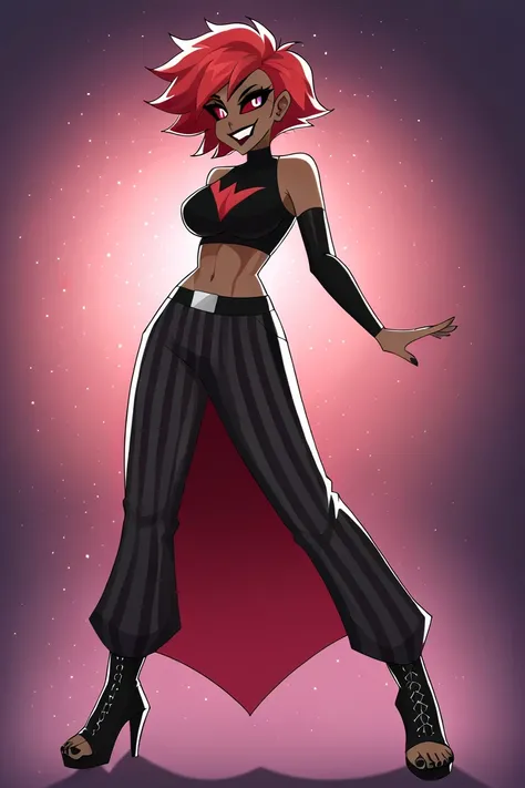 score_9_アップ, Velvette,dark skin tone,through , breasts, has long eyelashes,red Lip,smile, grey sclera,pigmented sclera ,black pupils,red hair, black toenails, 
perfect body, crop top, detached sleeves, stripped pants, black heels boots, close up, detailed ...