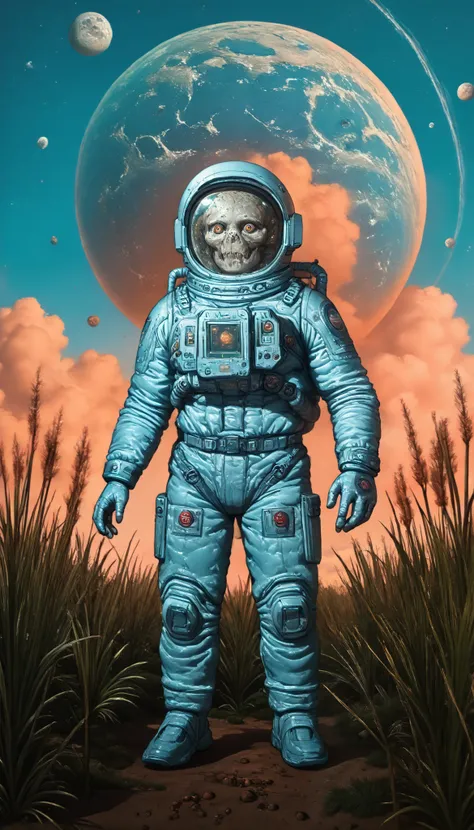 an astronaut,Extraterrestrial trees, (science-fiction astronaut :1.3) with a (lunar vehicle :1.4), (hostile planet ),(mountains:1.2) (Tall grass:1.4), rocks, fluffy clouds in the sky, highly detailed , Fine details, intricate,(bloom:0.8), great depth of...