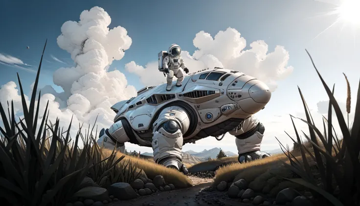 an astronaut, alien trees, (science-fiction astronaut  :1.3) with a (lunar vehicle :1.4), (hostile planet ),(mountains:1.2) (Tall grass:1.4), rocks, fluffy clouds in the sky,  highly detailed , Fine details, intricate,(bloom:0.8),  great depth of field , a...