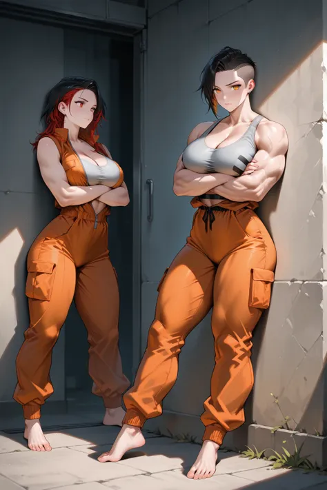 female prisoner, tattoes, biceps, undercut, sports bra, orange jumpsuit, leaning against wall, crossed arms, pushing boobs, cleavage