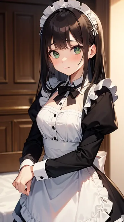 a brunette girl with light green eyes dressed as a French maid