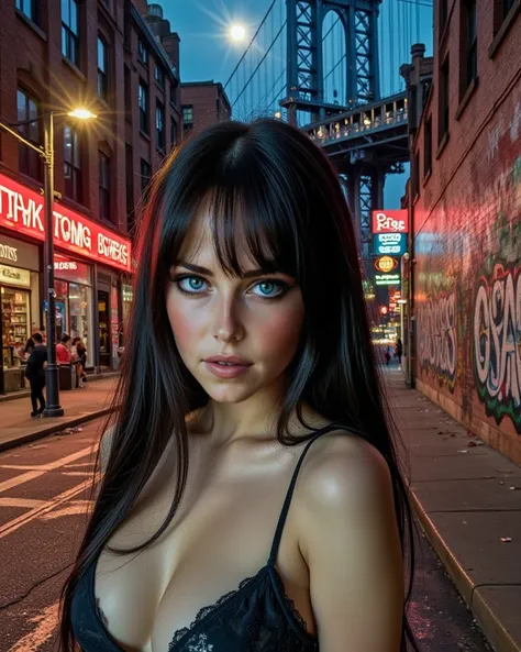 A 23-year-old stunning topmodel with piercing blue eyes and long balck hair with bangs. Fierce look. A desolate urban streetscape at night, bathed in the harsh glow of neon signs and flickering streetlights. The cracked pavement is strewn with debris, and ...