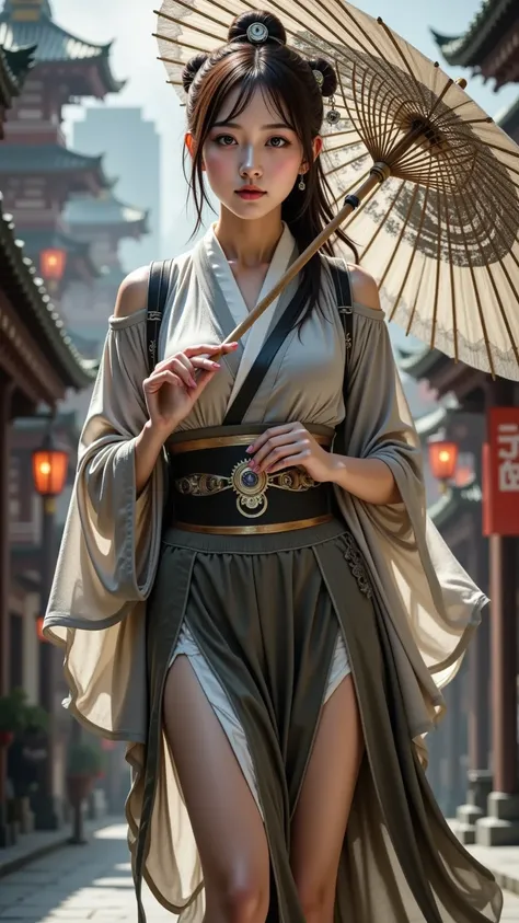 prompt: |
  A young woman dressed in a fusion of steampunk and traditional Japanese attire. She wears a kimono with intricate mechanical patterns, gears, and steam-powered accessories. Her obi belt is adorned with small metallic details, and she holds a pa...