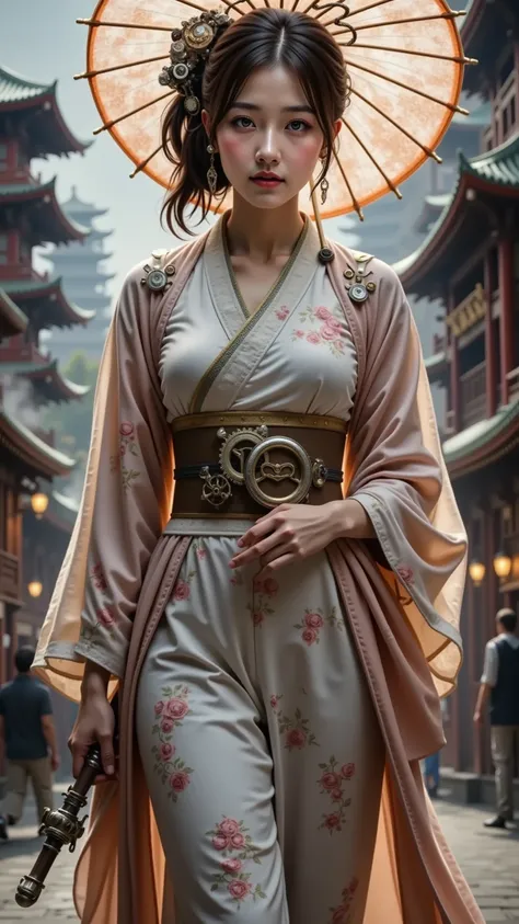 prompt: |
  A young woman dressed in a fusion of steampunk and traditional Japanese attire. She wears a kimono with intricate mechanical patterns, gears, and steam-powered accessories. Her obi belt is adorned with small metallic details, and she holds a pa...