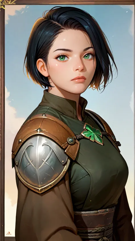  woman, green-eyed,  short black hair, using a Parallax Shot warrior shoulder pad ( Motion Layer)