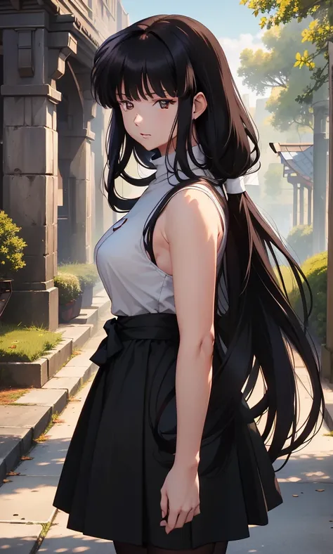 Masterpiece, best quality, highres, highly detailed, 1 girl, kikyo, long hair, black hair, black eyes, large breast, black sleeveless turtleneck, gray span skirt, black stocking, inside, outdoor, looking at viewers, perfect finger shape, the number of  is ...