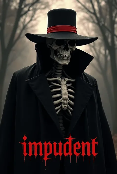 Make a skeleton (upperbody in a big black coat wering a black hat with a red stripe infront of the skeleton write a text saying "impudent" use cool font designe this will be a metal band logo