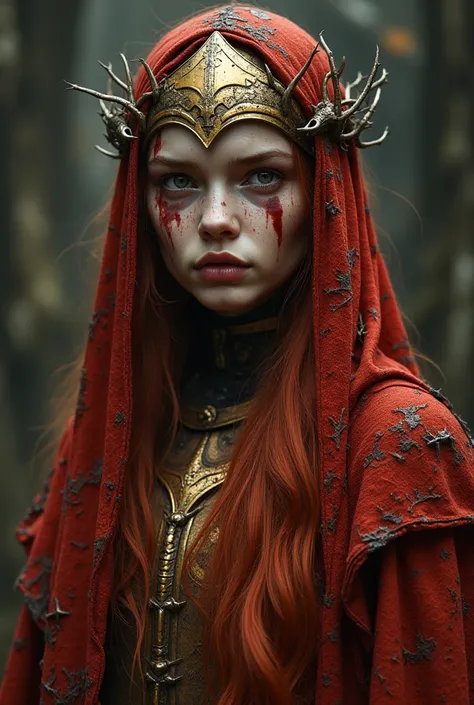  an enchanting and eerie image of the Malenian norm , the beauty and unwavering elegance marred by battle、 captured in stunning detail . Her skin is thin , almost ethereal tone, etched with faint scars and countless battle wounds. Her long,  fire-red hair ...