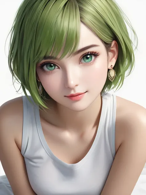 (masterpiece:1.3), (8k, photorealistic, RAW photo, best quality: 1.4), (1woman, 25 years old), beautiful face, (realistic face), (green hair, short hair:1.3), beautiful hairstyle, realistic eyes, (emerald green eyes), beautiful detailed eyes, (realistic sk...