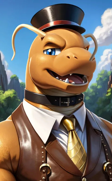 Solo, Male, close up, fat, musclegut, obese, steampunk, 1920s gentleman, dapper Dragonite, tilting head down, blue eyes, wearing a big leather collar around his neck, (soft shading), 4k, hi res, ((detailed face, detailed)), looking at viewer, evil grin, co...