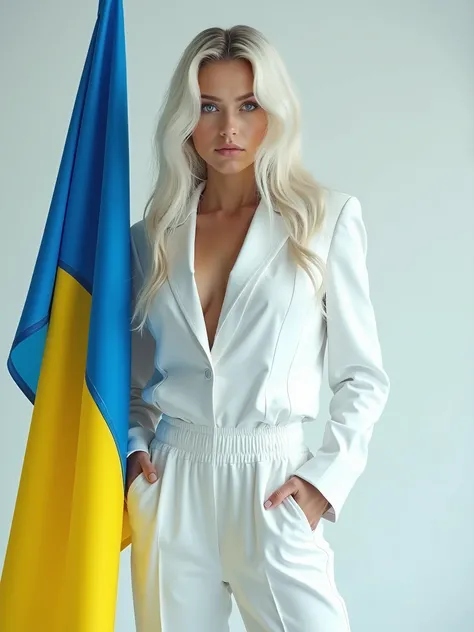  ultra-realistic photography by , Beautiful long white hair,  blue eyes  , white sporty suit ,   holds the flag of Ukraine 