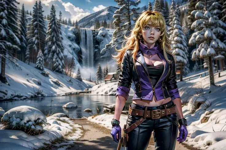 yangxiaolong, yang xiao long, smiling, long hair, blonde hair, (purple eyes:1.3), ahoge, bangs, BREAK cleavage, jacket, black pants, belt, mechanical arms, single mechanical arm, prosthesis, prosthetic arm, BREAK standing in field, standing next to militar...