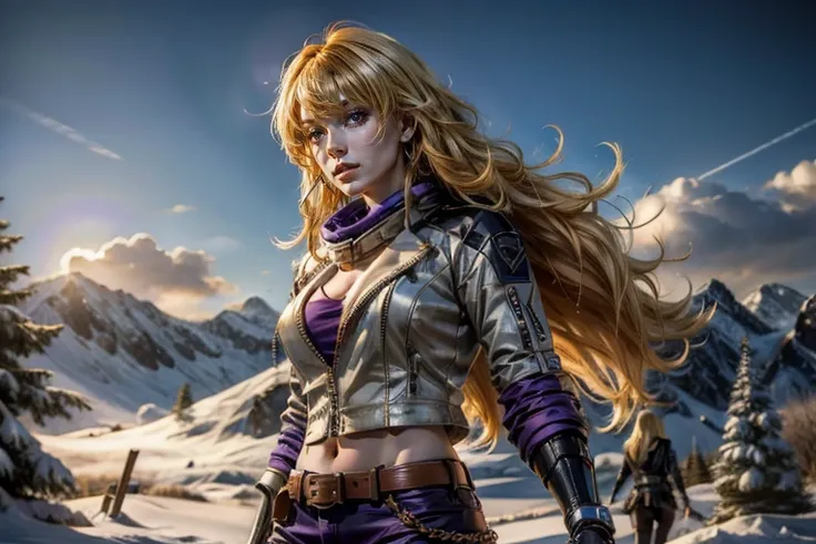 yangxiaolong, yang xiao long, smiling, long hair, blonde hair, (purple eyes:1.3), ahoge, bangs, BREAK cleavage, jacket, black pants, belt, mechanical arms, single mechanical arm, prosthesis, prosthetic arm, BREAK standing in field, standing next to militar...