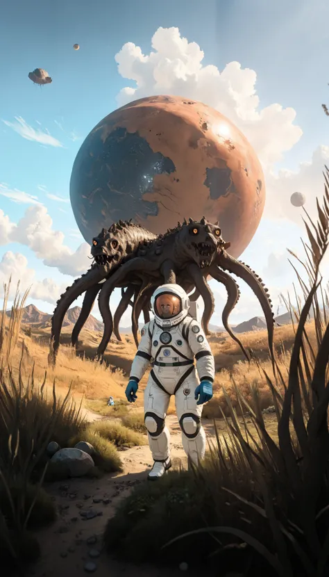 an astronaut,Extraterrestrial trees, (science-fiction astronaut  :1.3) with a (lunar vehicle :1.4), (hostile planet ),(mountains:1.2) (Tall grass:1.4), rocks, fluffy clouds in the sky,  highly detailed , Fine details, intricate,(bloom:0.8),  great depth of...