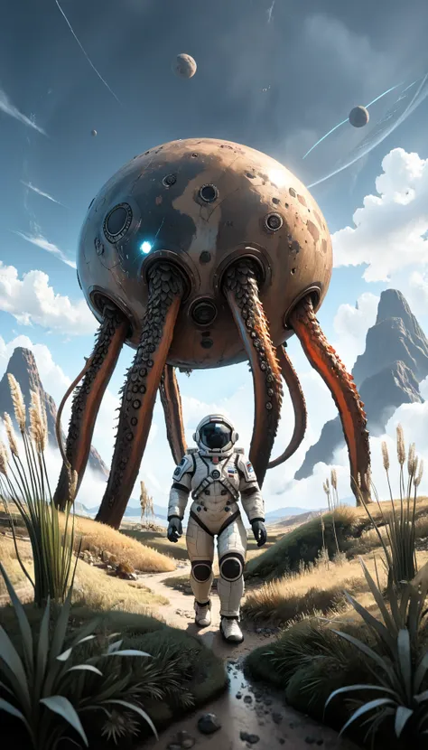 an astronaut, alien trees, (science-fiction astronaut :1.3) with a (lunar vehicle :1.4), (hostile planet ),(mountains:1.2) (Tall grass:1.4), rocks, fluffy clouds in the sky, highly detailed , Fine details, intricate,(bloom:0.8), great depth of field , a...