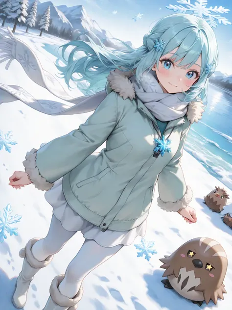 (masterpiece, best quality, ultra-detailed character, high resolution, 8k), 1girl, A cute, young female Pokémon trainer with icy blue hair that cascades in soft waves, resembling snowflakes caught in the wind. Her outfit is wintery and stylish—she wears a ...