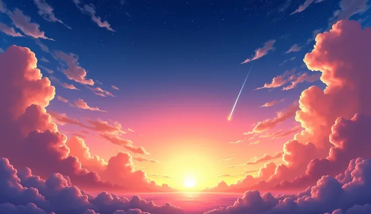 A breathtaking anime-style sunset sky, vibrant orange and pink hues blending into deep blue, scattered fluffy clouds reflecting golden sunlight, twinkling stars appearing in the night sky, a shooting star streaking across, hand-painted soft shading, detail...