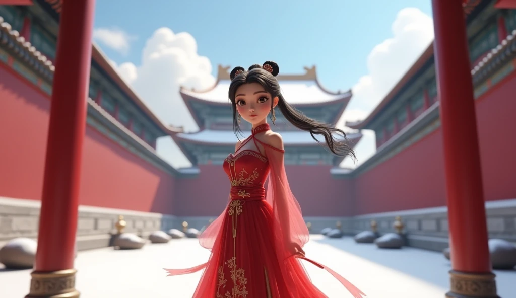 3d animation, beautiful anime girl princess in red Chinese clothe, she lives in the Forbidden City, she stand still, winter season no snowflake.