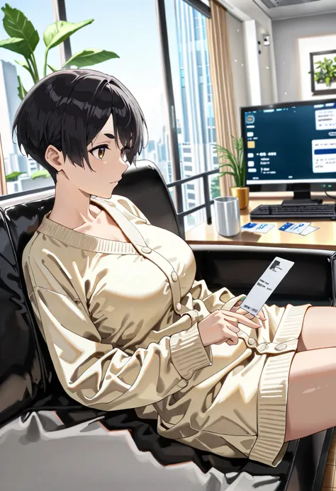 score_9, score_8_up, score_7_up, source_anime, cute boyish girl ,very short hair, defined eyebrows, black hair, Aquiline nose, Techno Cut, big breasts:1.3,(((short stature))), ((looking at business card)), Relaxing on a sofa, beige loungewear, home, lookin...