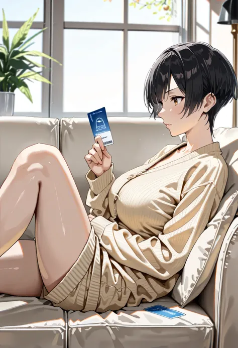 score_9, score_8_up, score_7_up, source_anime, cute boyish girl ,very short hair, defined eyebrows, black hair, Aquiline nose, Techno Cut, big breasts:1.3,(((short stature))), ((looking at business card)), Relaxing on home, beige loungewear, focus leg, pro...