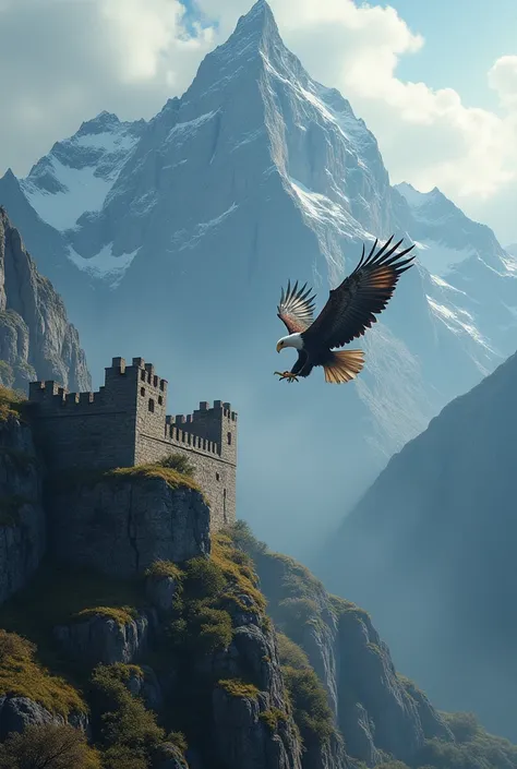 "Create a visually stunning scene where a majestic eagle soars gracefully over a towering mountain. The eagle descends smoothly, gliding down towards the base of the mountain. As it approaches, the camera reveals a massive, ancient wall nestled in the moun...