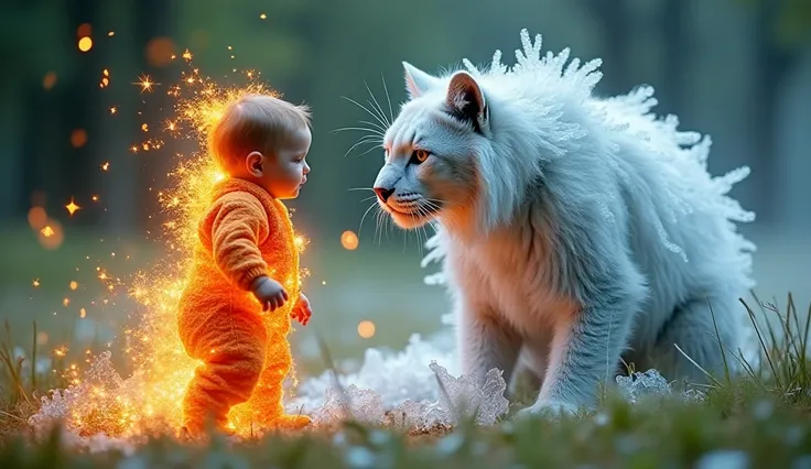 "A baby is dressed in fire clothes that appear to be made from the blaze, standing face to face with a big cat made of ice. The baby is surrounded by sparks ,  while the cat is surrounded by ice flakes .  The background of the picture is a natural landscap...