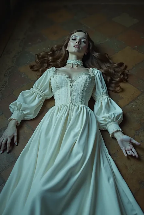 dead woman lying on a floor (lying), deathly pale skin, beautiful long white dress, tudor style dress, death stare, cloudy eyes, russian white clothes, choker, renaissance, murdered, aristocratic even in death, ultra high resolution, cinematographic