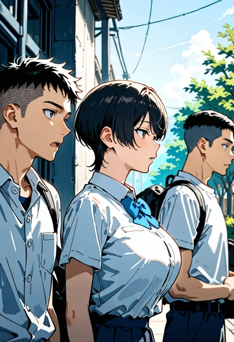 score_9, score_8_up, score_7_up, source_anime, BRAKE ((1boy , open mouth, black short hair, undercut)), White polo shirt, all Back hair, BRAKE 1girl, cute boyish girl, very short hair, black hair, Aquiline nose, big breasts, (short stature), school uniform...