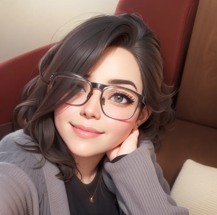 smiling woman with glasses and a gray sweater sitting in a chair, selfie of a young woman, with glasses, alanis guillen, by Amelia Peláez, 2 , with glasses on, 2 , 2 , lorena avarez, 3 0 years old woman, 30 years old woman, by Gina PellónHD, (best detail),...