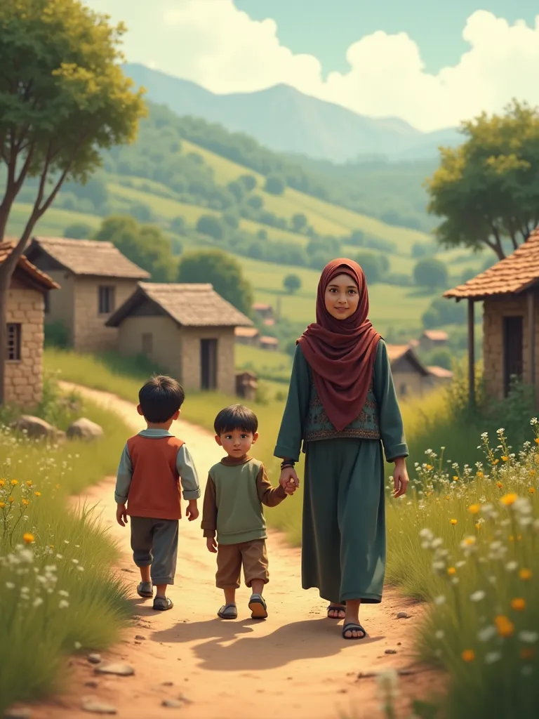 mother with hijab, two brothers to the village to visit their grandfather