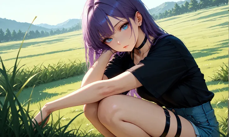 solo, 1girl, looking_at_viewer, squatting, long_hair, purple_hair, choker, outdoors, blue_eyes, closed_mouth, grass, shirt, bangs, shorts, thigh_strap, black_choker, black_shirt