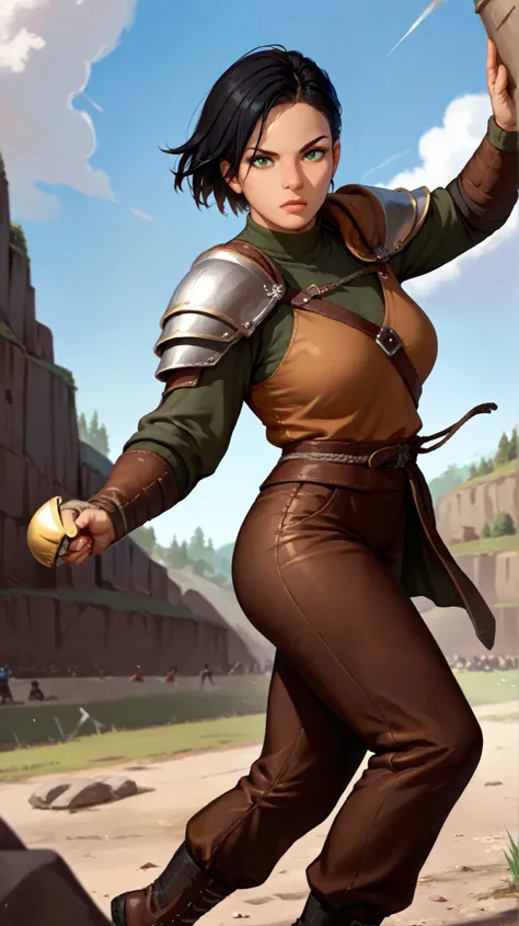 woman, green-eyed,  short black hair, wearing a warrior shoulder pad ,  brown leather pants,  fighting on a Battlefield, Battle pose with a Marco in hand