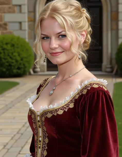 Jennifer Morrison, medieval noble, alone, looking at the viewer, standing upright, full body is visible, cleavage, wearing medieval jewelry, wearing medieval noble dress, blonde hair, realistic, garden in the courtyard of a medieval castle, (realistic, a h...