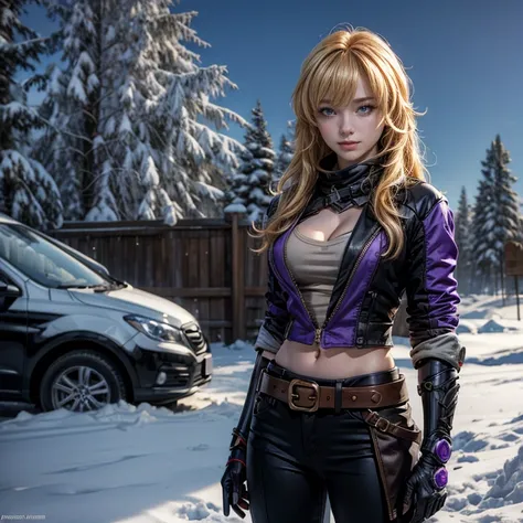 yangxiaolong, yang xiao long, smiling, long hair, blonde hair, (purple eyes:1.3), ahoge, bangs, BREAK cleavage, jacket, black pants, belt, mechanical arms, single mechanical arm, prosthesis, prosthetic arm, BREAK standing in field, standing next to militar...