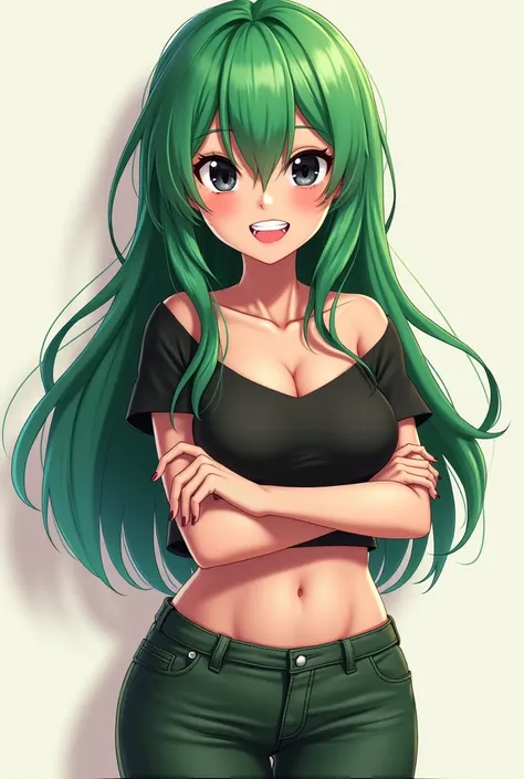  anime girl image, adult,  Green hair, ojos negros,  perverted look,  Wide Smile ,  busty ,  with casual clothes