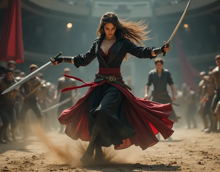 In the arena, a beautiful female assassin with dual swords spins like a top, jumping on the spot and swinging her dual swords., flash, 