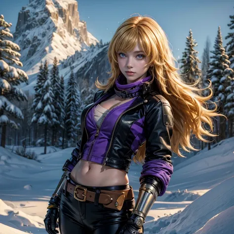 yangxiaolong, yang xiao long, smiling, long hair, blonde hair, (purple eyes:1.3), ahoge, bangs, BREAK cleavage, jacket, black pants, belt, mechanical arms, single mechanical arm, prosthesis, prosthetic arm, BREAK standing in field, standing next to militar...