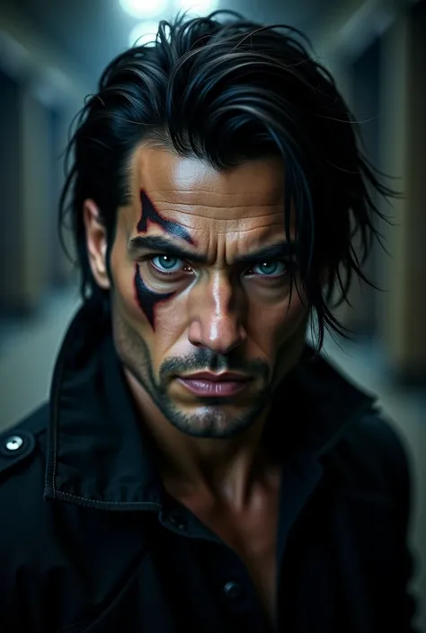 Create a male character with black hair and long silver eyes, a very serious face and scars on the face.