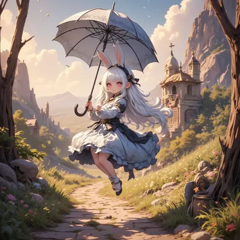 A witch woman floats in the air with a giant umbrella that floats in the sky with the power of magic, and a mysterious geometric pattern is drawn on the surface of the umbrella. She clings to the umbrella while looking down at a Western castle town between...